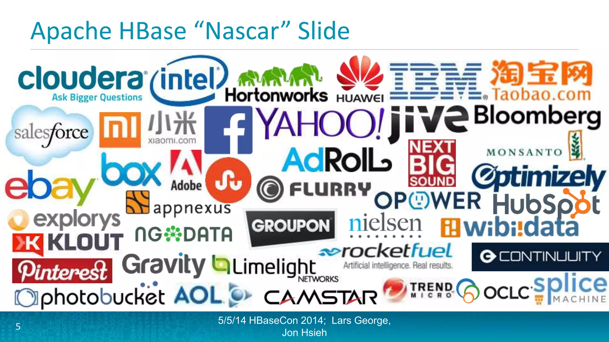 Apache HBase “Nascar” Slide
5/5/14 HBaseCon 2014; Lars George,
Jon Hsieh
5
 