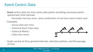Event Centric Data
• Event centric data are time-series data points recording successive points
spaced over time intervals.
• Generally real time write, some combination of real time read or batch read
• Examples:
• Sensor data over time
• Historical Stock Ticker data
• Historical Metrics
• Clicks time-series
• Scales up due to finer grained intervals, retention policies, and the passage
of time
5/5/14 HBaseCon 2014; Lars George,
Jon Hsieh
12
 