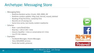 Archetype: Messaging Store
• Messaging Data:
• Realtime Random writes: Emails, SMS, MMS, IM
• Realtime random updates: Msg read, starred, moved, deleted
• Reading of top-N entries, sorted by time
• Records are of varying size
• Some time series, but mostly random read/write
• Schema:
• Row = users/feed/inbox
• Row key = UID or UID + time
• Column Qualifier = time or conversation id + time.
• Use CF’s for indexes.
• Examples:
• Facebook Messages, Xiaomi Messages
• Telco SMS/MMS services
• Feeds like tumblr, pinterest
5/5/14 HBaseCon 2014; Lars George,
Jon Hsieh
26
 