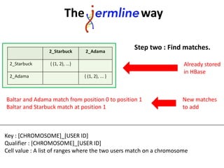 Baltar and Adama match from position 0 to position 1
Baltar and Starbuck match at position 1
Already stored
in HBase
2_Starbuck 2_Adama
2_Starbuck { (1, 2), ...}
2_Adama { (1, 2), ... }
New matches
to add
Key : [CHROMOSOME]_[USER ID]
Qualifier : [CHROMOSOME]_[USER ID]
Cell value : A list of ranges where the two users match on a chromosome
The way
Step two : Find matches.
 