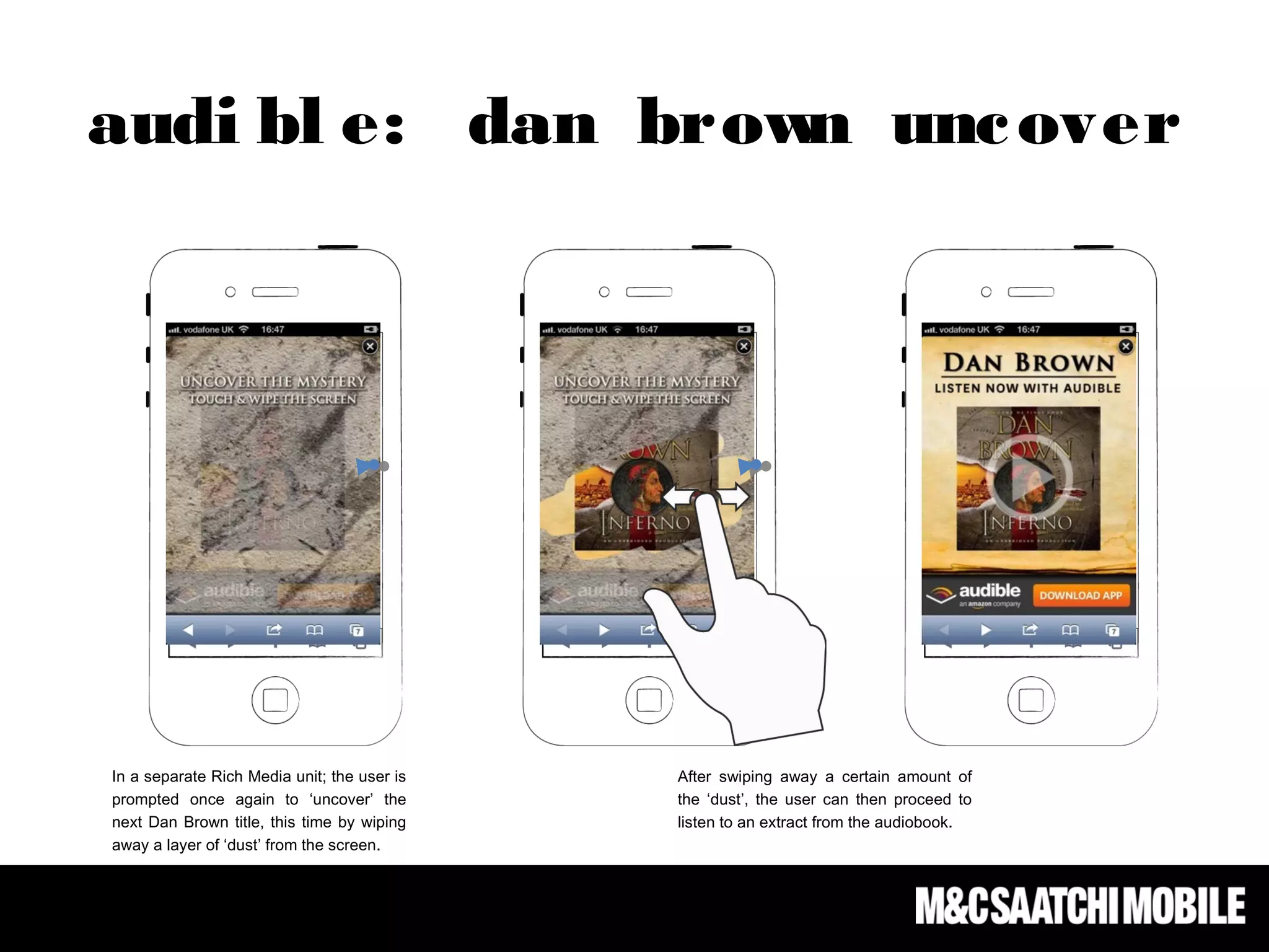 In a separate Rich Media unit; the user is
prompted once again to ‘uncover’ the
next Dan Brown title, this time by wiping
away a layer of ‘dust’ from the screen.
After swiping away a certain amount of
the ‘dust’, the user can then proceed to
listen to an extract from the audiobook.
audi bl e: dan brown uncover
 