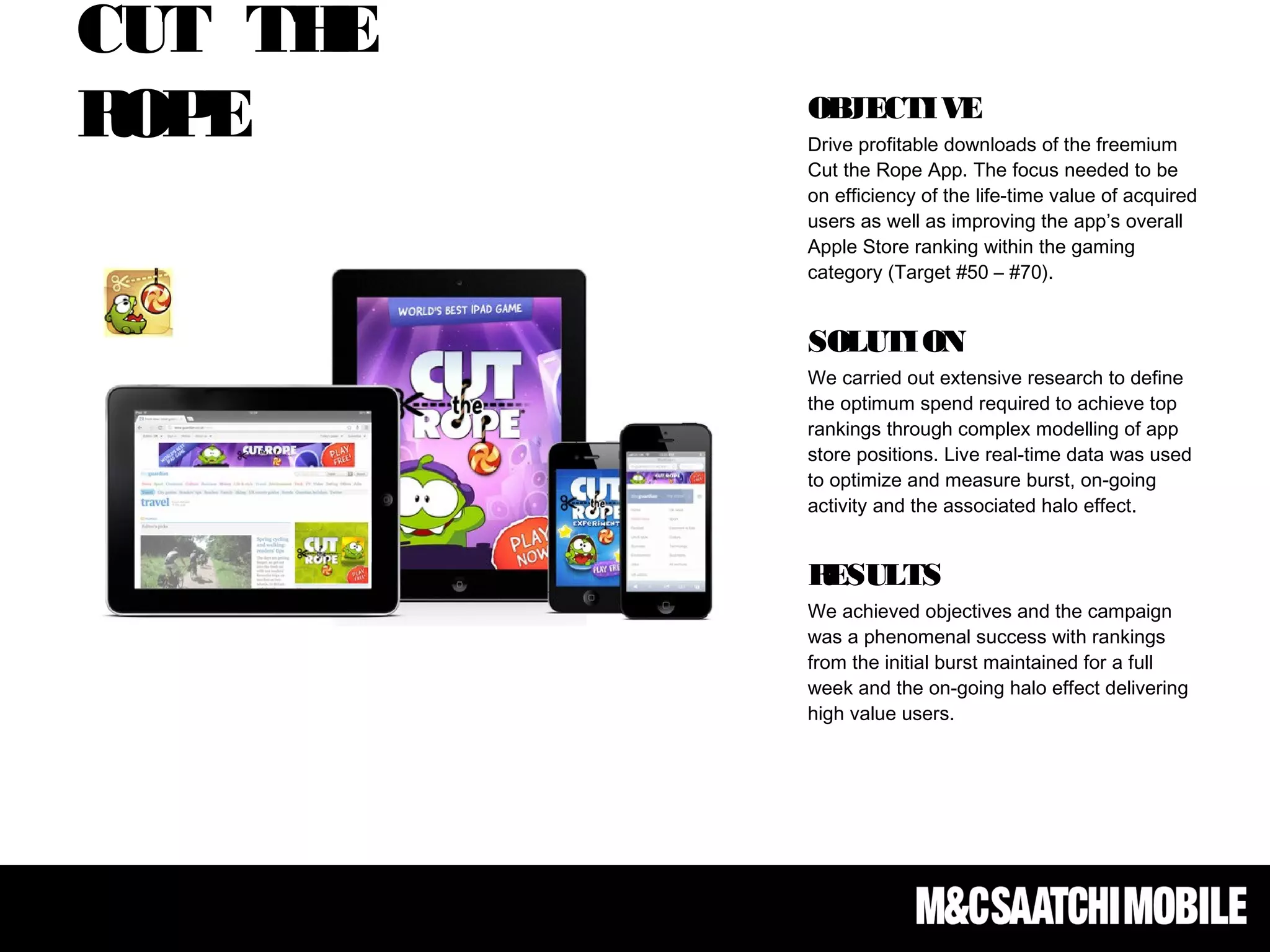 CUT THE
ROPE OBJECTIVE
Drive profitable downloads of the freemium
Cut the Rope App. The focus needed to be
on efficiency of the life-time value of acquired
users as well as improving the app’s overall
Apple Store ranking within the gaming
category (Target #50 – #70).
SOLUTION
We carried out extensive research to define
the optimum spend required to achieve top
rankings through complex modelling of app
store positions. Live real-time data was used
to optimize and measure burst, on-going
activity and the associated halo effect.
RESULTS
We achieved objectives and the campaign
was a phenomenal success with rankings
from the initial burst maintained for a full
week and the on-going halo effect delivering
high value users.
 
