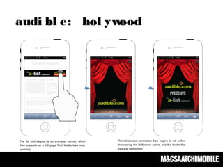 The Ad Unit begins as an animated banner, which
then expands as a full page Rich Media take over,
upon tap.
The introduction animation then begins to roll before
showcasing the Hollywood actors, and the books that
they are ‘performing’
audi bl e: hol ywood
 
