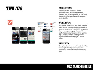 YPLAN OBJECTIVE
To coincide with the launch of their
innovative new London based events
booking App, YPlan needed to hit the iTunes
charts with a bang and generate engaged
users quickly.
SOLUTION
Our central strategy unit and media planning
team defined the optimum spend required to
achieve top rankings in the highly competitive
iTunes Lifestyle category. We carefully
crafted a campaign to achieve their goal of a
top 5 position, with the aim to generate
organic downloads of engaged London
users.
RESULTS
Exceptional results were achieved with YPlan
reaching the Top 3 positioning for their
category, a massive feat for a London only
app.
 
