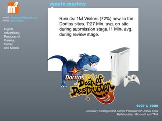 monte masters

email: mmasters65@gmail.com
twitter: @mmasters               Results: 1M Visitors (72%) new to the
                                 Doritos sites. 7:27 Min. avg. on site
 Digital                         during submission stage,11 Min. avg.
 Advertising
 Producer of
                                 during review stage.
 Games,
 Social,
 and Mobile




                                                                                    2007 & 2008
                                              Discovery Strategist and Senior Producer for Unlock Xbox
                                                                       Relationship: Microsoft and TMA
 