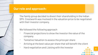 Our role and approach:
The family group decided to divest their shareholding in the Indian
SPV. Crestworth was involved in the valuation price to be negotiated
with their investor company.
We followed the following approach
▪ Financial projections to show the investor the value of the
company
▪ Tentative Valuation to assess the price per share
▪ Arriving at the best value per share that will benefit the client
▪ Hard negotiation and Liaising with the investor 5