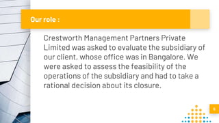 Our role :
Crestworth Management Partners Private
Limited was asked to evaluate the subsidiary of
our client, whose office...