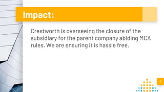 Impact:
Crestworth is overseeing the closure of the
subsidiary for the parent company abiding MCA
rules. We are ensuring i...