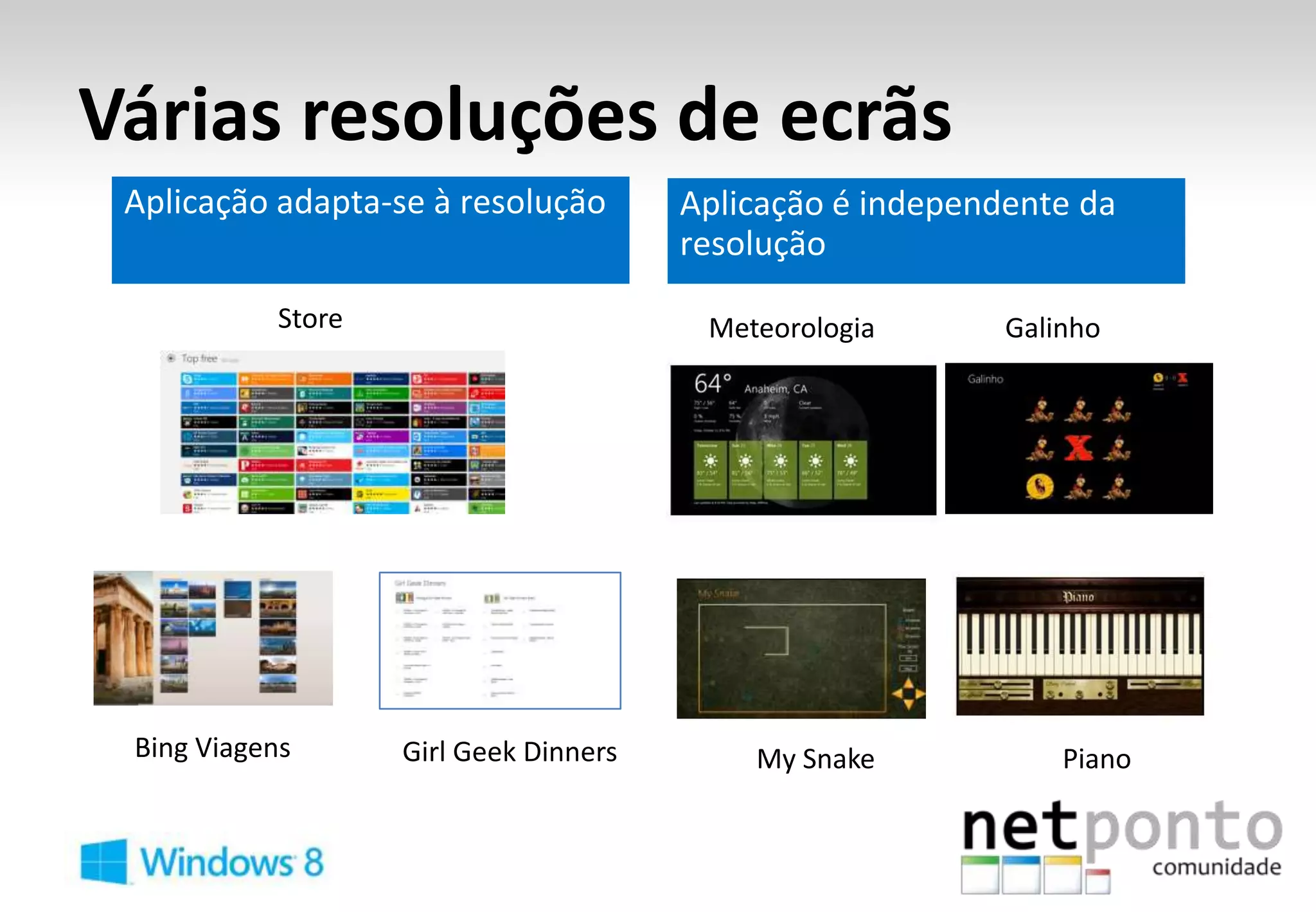 Várias resoluções de ecrãs

            Store                       Meteorologia   Galinho




 Bing Viagens       Girl Geek Dinners      My Snake        Piano
 