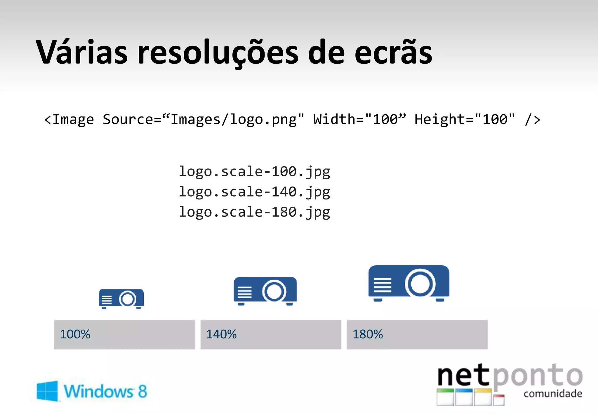 Várias resoluções de ecrãs
<Image Source=“Images/logo.png" Width="100” Height="100" />
 
