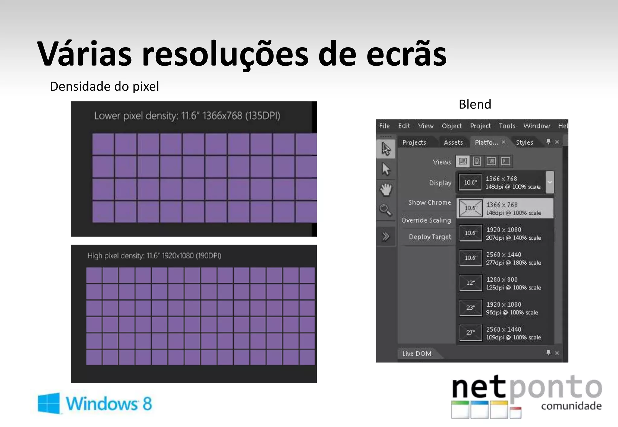 Várias resoluções de ecrãs
Densidade do pixel
                             Blend
 