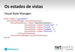 Os estados de vistas
Visual State Manager:
<Grid x:Name="LayoutRoot">
   <VisualStateManager.VisualStateGroups>
        <VisualStateGroup x:Name="ApplicationViewStates">
                       <VisualState x:Name="FullScreen" />
                       <VisualState x:Name="Filled" />
                       <VisualState x:Name="Snapped" />
                       <VisualState x:Name="Portrait" />
               </VisualStateGroup>
        </VisualStateManager.VisualStateGroups>
</Grid>
 