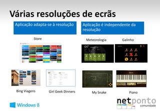 Várias resoluções de ecrãs

            Store                       Meteorologia   Galinho




 Bing Viagens       Girl Geek Dinners      My Snake        Piano
 