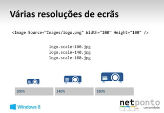 Várias resoluções de ecrãs
<Image Source=“Images/logo.png" Width="100” Height="100" />
 