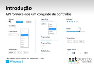 Introdução
API fornece-nos um conjunto de controlos:




* Not in XAML built-in controls set, available via 3rd party
 