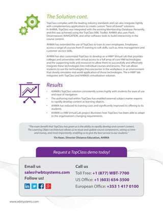 The Solution cont.
TopClass complies with the leading industry standards and can also integrate tightly
with complementary applications to create custom “best-of-breed” solutions.
In AHIMA, TopClass was integrated with the existing Membership Database, Personify,
and this was achieved using the TopClass XML Toolkit. AHIMA also uses Flash,
Dreamweaver, NAVIGATION, and other software tools to build interactivity in the
course content.
AHIMA has extended the use of TopClass to train its own employees. Employees
access a range of courses from IT training to soft skills, such as, time management and
customer service skills.
AHIMA has also customized TopClass to develop an e-HIM® Virtual Lab that provides
colleges and universities with virtual access to a full array of core HIM technologies
and the supporting tools and resources to allow them to successfully and effectively
integrate these technologies into individual courses and lessons. The Lab allows
students to use the technologies they encounter in the workplace, in an environment
that closely simulates real world application of those technologies. The e-HIM® lab
integrates with TopClass and AHIMA’s virtualization solution.

Results
•	
•	
•	
•	

AHIMA’s TopClass solution consistently scores highly with students for ease of use
and ease of navigation.
The authoring tool within TopClass has enabled external subject matter experts
to rapidly develop content as learning objects.
AHIMA has reduced its training costs and significantly improved its offering to its
students.
AHIMA’s e-HIM Virtual Lab project illustrates how TopClass has been able to adapt
to the organization’s changing requirements.

“The main benefit that TopClass has given us is the ability to rapidly develop and convert content.
The Learning Object architecture allows us to reuse and update course components, saving us time
and money, and most importantly, enabling us to give the best service to our students.”
Yin Kean, Director Distance Education, AHIMA

Request a TopClass demo today!
Email us
sales@wbtsystems.com
Follow us!

Call us
Toll Free: +1 (877) WBT-7700
US Office: +1 (603) 654-3500
European Office: +353 1 417 0100

www.wbtsystems.com

 