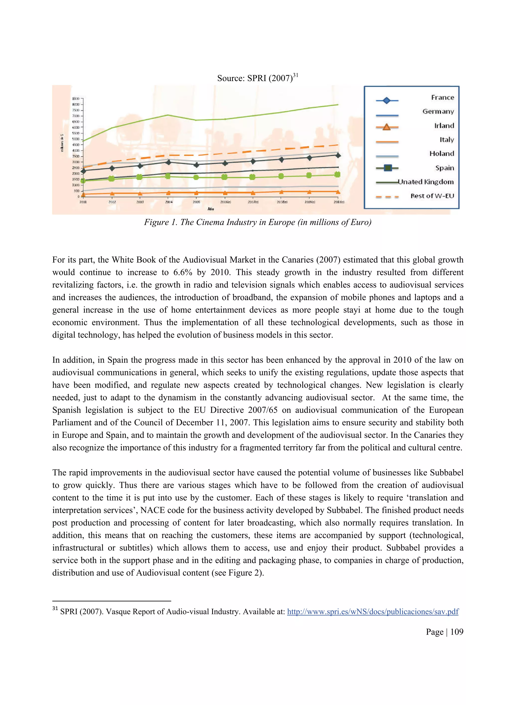 Page | 109
Source: SPRI (2007)31
Figure 1. The Cinema Industry in Europe (in millions of Euro)
For its part, the White Book of the Audiovisual Market in the Canaries (2007) estimated that this global growth
would continue to increase to 6.6% by 2010. This steady growth in the industry resulted from different
revitalizing factors, i.e. the growth in radio and television signals which enables access to audiovisual services
and increases the audiences, the introduction of broadband, the expansion of mobile phones and laptops and a
general increase in the use of home entertainment devices as more people stayi at home due to the tough
economic environment. Thus the implementation of all these technological developments, such as those in
digital technology, has helped the evolution of business models in this sector.
In addition, in Spain the progress made in this sector has been enhanced by the approval in 2010 of the law on
audiovisual communications in general, which seeks to unify the existing regulations, update those aspects that
have been modified, and regulate new aspects created by technological changes. New legislation is clearly
needed, just to adapt to the dynamism in the constantly advancing audiovisual sector. At the same time, the
Spanish legislation is subject to the EU Directive 2007/65 on audiovisual communication of the European
Parliament and of the Council of December 11, 2007. This legislation aims to ensure security and stability both
in Europe and Spain, and to maintain the growth and development of the audiovisual sector. In the Canaries they
also recognize the importance of this industry for a fragmented territory far from the political and cultural centre.
The rapid improvements in the audiovisual sector have caused the potential volume of businesses like Subbabel
to grow quickly. Thus there are various stages which have to be followed from the creation of audiovisual
content to the time it is put into use by the customer. Each of these stages is likely to require ‘translation and
interpretation services’, NACE code for the business activity developed by Subbabel. The finished product needs
post production and processing of content for later broadcasting, which also normally requires translation. In
addition, this means that on reaching the customers, these items are accompanied by support (technological,
infrastructural or subtitles) which allows them to access, use and enjoy their product. Subbabel provides a
service both in the support phase and in the editing and packaging phase, to companies in charge of production,
distribution and use of Audiovisual content (see Figure 2).
31
SPRI (2007). Vasque Report of Audio-visual Industry. Available at: http://www.spri.es/wNS/docs/publicaciones/sav.pdf
 