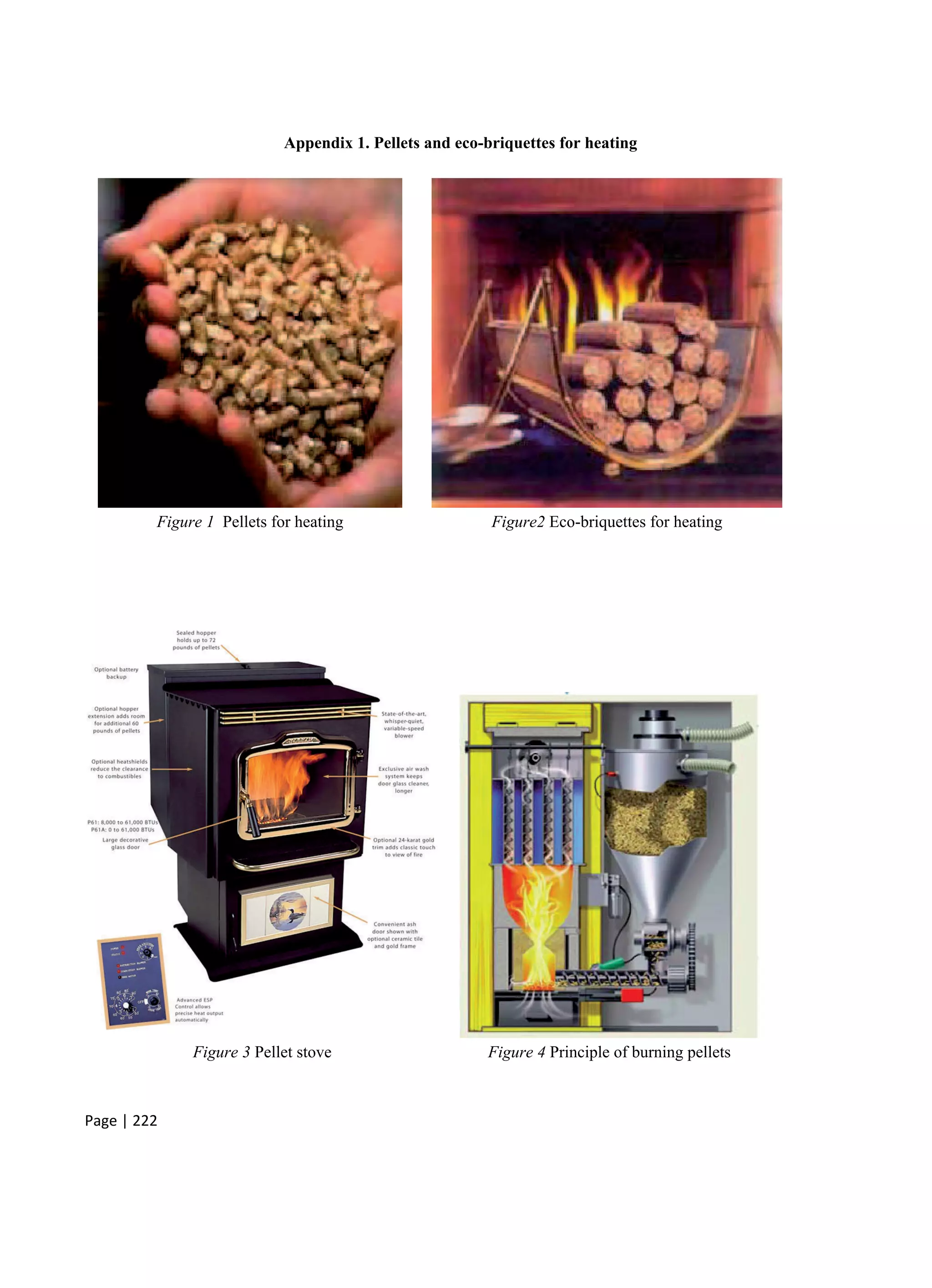 Page | 222
Appendix 1. Pellets and eco-briquettes for heating
Figure 1 Pellets for heating Figure2 Eco-briquettes for heating
Figure 3 Pellet stove Figure 4 Principle of burning pellets
 