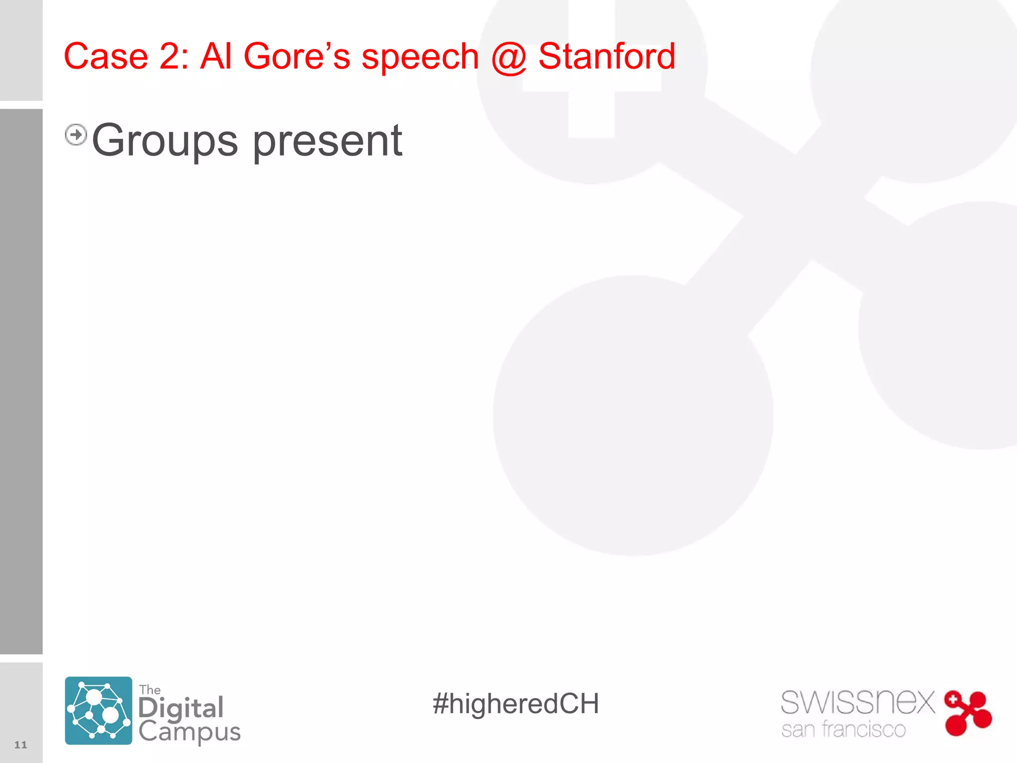 11
#higheredCH
Case 2: Al Gore’s speech @ Stanford
Groups present
 