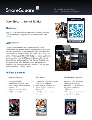 ShareSquare                                                            http://getsharesquare.com
                                                                       contact@getsharesquare.com




Case Study: Universal Studios                                                           Scan for exclusive Access!




Challenge
“How do I provide an in-store opportunity to sample my product,
cross-promote my catalog titles, and increase theatrical ticket
sales?”
                                                                                        shsq.re/v1


Opportunity
Utilizing existing OOH budgets, Universal Studios Home
Entertainment was able to take their traditionally static marketing
and make it interactive by offering trailers, clips, deleted scenes,
story information, and promotional offers.What’s more, they were
able to effectively extend their OOH budget by finding opportunities
to cross promote both new (Adjustment Bureau, Little Fockers,
Despicable Me) and catalog (Hot Fuzz, Wanted, Scarface) titles
to increase overall sales. Finally, the team was able to drive
awareness and early ticket sales opportunities for the upcoming
theatrical release, “Cowboys & Aliens”



Actions & Results
    Adjustment Bureau                       Blue Crush 2                          Paul Campaign (London)

•   Promotional Posters                 •   Promotional Posters & Flyers at   •   Sticker on Front of Package
•   Auto-Redirect from Web Site             Roxy Stores & Events              •   Special Video Greeting
•   Video, Images, Facebook Feed        •   Auto-Redirect from Web Site       •   More than All FB Likes Ever,
    and Buy Links                       •   Video, Images, Facebook &             Regardless of Channel
•   ~10K Scans on Street Date               Twitter Feed                      •   ~10K Scans
•   ~100K Scans to Date                 •   ~50K Scans Since Launch           •   ~5X better performance than
                                            (~1 month)                            a recent Fox campaign
 