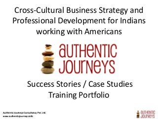 Authentic Journeys Consultancy Pvt. Ltd.
www.authenticjourneys.info
Authentic Journeys Consultancy Pvt. Ltd.
www.authenticjourneys.info
Cross-Cultural Business Strategy and
Professional Development for Indians
working with Americans
Success Stories / Case Studies
Training Portfolio
 
