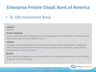Enterprise Private Cloud
• To 100 Investment Bank
Industry:
Banking
Primary Challenge:
Cloud-enable thousands of application (in and out-facing) and on board then to the Bank private
cloud environment in a cost efficient manner

Solution:
Leverages Cloudify and Puppet as a foundation for the self-service configuration, deployment
and on going management and scaling of a range of applications in the bank, on top of Bank
existing private cloud infrastructure
Results:
So far a few tens of applications converted, with plans to expand the offering to a few hundreds
of apps by the end of the year

® Copyright 2013 GigaSpaces Ltd. All Rights
Reserved

 