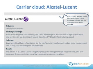 Carrier cloud: Alcatel-Lucent

Industry:
Telecommunications

With Cloudify we have a solid
foundation for our carrier
grade PaaS offering and the
realization of our vTelco
vision

Primary Challenge:
Build a carrier grade PaaS offering that can a wide range of mission critical legacy Telco apps
and services on top the Alcatel-Lucent CloudBand ™ Cloud infrastructure product

Solution:
Leverages Cloudify as a foundation for the configuration, deployment and on going management
and scaling of a wide range of Telco services
Results :
CloudBand ™ is Alcatel-Lucent’s flagship product for next generation Telco services, and is in
advanced deployment stages in a few major carriers across the globe

® Copyright 2013 GigaSpaces Ltd. All Rights Reserved

 