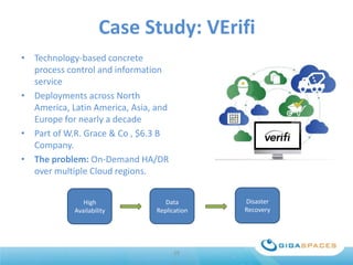 Case Study: VErifi
• Technology-based concrete
process control and information
service
• Deployments across North
America, Latin America, Asia, and
Europe for nearly a decade
• Part of W.R. Grace & Co , $6.3 B
Company.
• The problem: On-Demand HA/DR
over multiple Cloud regions.
High
Availability

Data
Replication

19

Disaster
Recovery

 