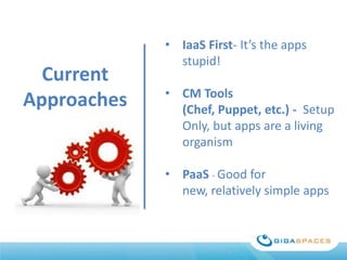 Current
Approaches

• IaaS First- It’s the apps
stupid!
• CM Tools
(Chef, Puppet, etc.) - Setup
Only, but apps are a living
organism

• PaaS - Good for
new, relatively simple apps

 
