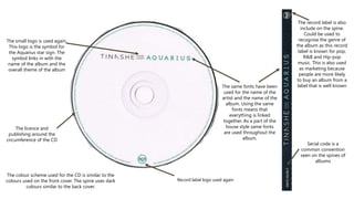 Record label logo used again
The small logo is used again.
This logo is the symbol for
the Aquarius star sign. The
symbol links in with the
name of the album and the
overall theme of the album
The licence and
publishing around the
circumference of the CD
The record label is also
include on the spine.
Could be used to
recognise the genre of
the album as this record
label is known for pop,
R&B and Hip-pop
music. This is also used
as marketing because
people are more likely
to buy an album from a
label that is well known
Serial code is a
common convention
seen on the spines of
albums
The same fonts have been
used for the name of the
artist and the name of the
album. Using the same
fonts means that
everything is linked
together. As a part of the
house style same fonts
are used throughout the
album.
The colour scheme used for the CD is similar to the
colours used on the front cover. The spine uses dark
colours similar to the back cover.
 