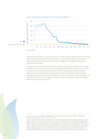 14
Figure 4: Istanbul Annual Average SO2 Concentrations 1988-2012
Source: IGDAS
Levels of other pollutants – NO2
, PM, and Ozone – remain elevated, largely due to the increased
traffic in Istanbul over the past twenty years. But the concentrations of these pollutants are
lower than they would have been had Istanbul not engaged in the aggressive measures to
promote fuel switching.32
The experience in Istanbul shows how long-term planning is essential to deploy the necessary
infrastructure to support emissions reduction strategies. IGDAS was formed in the late 1980s
but it took 25 years to provide near-universal access to natural gas for Istanbul residents.
Istanbul also demonstrates that important gains in emissions reductions can be achieved
relatively quickly, even before the full infrastructure network is deployed, as the combination of
eliminating the dirtiest coal and beginning fuel-switching to natural gas produced the biggest
gains in the early years of the policy.
32 S. Icecik, U. Im, “Air Pollution in Megacities: A Case Study of Istanbul,” in Air Pollution – Modeling,
Monitoring and Health, InTech, Ed. M. Khare, 2012.
33 Toronto Public Health. “Path to Healthier Air: Toronto Air Pollution Burden of Illness Update. Technical
Report,” 2014, p. 1, available at: http://www1.toronto.ca// City Of Toronto/Toronto Public Health/Healthy
Public Policy/Report Library/PDF Reports Repository/2014 Air Pollution Burden of Illness Tech RPT final.
pdf, p.1. The Ontario Medical Association had published an influential report in 2000, which estimated that
province-wide the health impacts of ozone and PM2.5 would contribute to 1,900 premature deaths and
9,800 hospitalizations in Ontario in 2000. IISD, “The End of Coal: Ontario’s coal phase-out,” 2015, p. 11,
available at: https://www.iisd.org/sites/default/ files/publications/end-of-coal-ontario-coal-phase-out.pdf.
SOx
WHO Guideline for 24-hr 0
50
100
150
200
250
1988 1990 1992 1994 1996 1998 2000 2002 2004 2006 2010 20122008
MicrogramsperCubicMeter
 