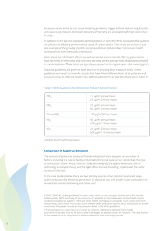 6
Excessive ozone in the air can cause breathing problems, trigger asthma, reduce lung function
and cause lung diseases. Increased episodes of mortality are associated with high-ozone days
in cities.
In addition to the specific pollutants identified above, in 2013 the WHO concluded that outdoor
air pollution is a leading environmental cause of cancer deaths. This recent conclusion is just
one example of the growing scientific consensus that air pollution has more severe health
consequences than previously understood.
Given these harmful health effects (as well as harmful environmental effects), governments
have set limits on emissions and have also set limits on the average level of pollutants allowed
in the atmosphere. These limits are typically expressed as micrograms per cubic meter (µg/m3
).
Separate guidelines are given for both short-term and long-term exposure levels. These
guidelines are based on scientific studies that have linked different levels of air pollution and
exposure times to different health risks. WHO Guidelines for air pollution levels are in Table 1.8
Table 1: WHO Guidelines for Ambient Air Pollution Concentrations
	PM2.5
	 10 µg/m3
annual mean
		 25 µg/m3
24-hour mean
	PM10
	 20 µg/m3
annual mean
		 50 µg/m3
24-hour mean
	 Ozone (03)	 100 µg/m3
8-hour mean
	NO2
	 40 µg/m3
annual mean
		 200 µg/m3
1-hour mean
	SO2
	 20 µg/m3
24-hour mean
		 500 µg/m3
10-minute mean
SOURCE: World Health Organization
Comparison of Fossil Fuel Emissions
The amount of pollutants produced from burning fossil fuels depends on a number of
factors, including the type of facility (industrial/commercial scale versus residential), the type
of combustion (boiler versus internal combustion engine), the type of emissions control
technology employed (if any), and the type of fuel burned (including, in particular, the sulfur
content of the fuel).
In the case studies below, there are two primary sources of air pollution examined: large-
scale combustion for electricity generation or industrial use, and smaller-scale combustion for
residential/commercial heating and other use.9
8 WHO, “WHO Air quality guidelines for particulate matter, ozone, nitrogen dioxide and sulfur dioxide;
Global update 2005; Summary of risk assessment,” available at: http://www.who.int/phe/health_topics/
outdoorair/outdoorair_aqg/en/. There are other health- damaging air pollutants (such as lead and other
heavy metals, and carbon monoxide). Some of these other pollutants may not be as widespread or as well
monitored. This paper focuses on the pollutants listed in the WHO guidelines.
9 Transportation is a major source of urban air pollution. Addressing pollution from mobile
sources will inevitably have to be part of overall strategies to address urban air pollution. The case studies
in this review focus on the policies to address emissions from stationary sources.
 