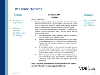 Residence Question
       Vietnam                                     Residence DTA                                         Singapore
                                                       TIE-BREAK
                        ARTICLE 4: RESIDENT
    Presence 183                                                                                       Stay or work in
                        1.   For the purposes of this Agreement, the term "resident of a
     days or more            Contracting State" means any person who, under the laws of that
                                                                                                         Singapore at
                             State, is liable to tax therein by reason of his domicile, residence,       least 183 days
                             place of management or any other criterion of a similar nature.
    Having a
                        2.   Where by reason of the provisions of paragraph 1 an individual is a
     residence               resident of both Contracting States, then his status shall be
     (including lease        determined as follows:
     for 90 days)            a.     he shall be deemed to be a resident of the State in which he
                                    has a permanent home available to him;
                             b. if he has a permanent home available to him in both States,
                                    he shall be deemed to be a resident of the State with which
                                    his personal and economic relations are closer (centre of
                                    vital interests);
                             c.     if the State in which he has his centre of vital interests
                                    cannot be determined, or of he has no permanent home
                                    available to him in either State, he shall be deemed to be a
                                    resident of the State in which he has an habitual abode;
                             d. if the status of resident cannot be determined according to
                                    sub-paragraphs (a) to (c), the competent authorities of the
                                    Contracting States shall settle the question by mutual
                                    agreement.

                        Note: Vietnam non-member country position on “center
                        of vital interests” in favor of place of work.


    May 23rd 2012                                                                                                    31
 
