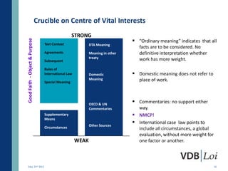Crucible on Centre of Vital Interests
                                                     STRONG
                                                                                        “Ordinary meaning” indicates that all
Good Faith - Object & Purpose

                                   Text Context               DTA MeaningDTA Meaning
                                                                                            facts are to be considered. No
                                   Agreements                 Meaning in other              definitive interpretation whether
                                                                          Domestic
                                                              treaty      Meaning           work has more weight.
                                   Subsequent

                                   Rules of
                                   International Law          Domestic                  Domestic meaning does not refer to
                                                              Meaning                       place of work.
                                   Special Meaning

                                                                         OECD & UN
                                                                         Comment
                                                              OECD & UN
                                                                         (including     
                                                                                       Commentaries: no support either
                                                                         Qualification)way.
                                                              Commentaries
                                   Supplementary                        Source State  NMCP!
                                   Means
                                                                        Other Sources International case law points to
                                                            Other Sources
                                   Circumstances                                       include all circumstances, a global
                                                                                       evaluation, without more weight for
                                                       WEAK                            one factor or another.




 May 23rd 2012                                                                                                                  32
 