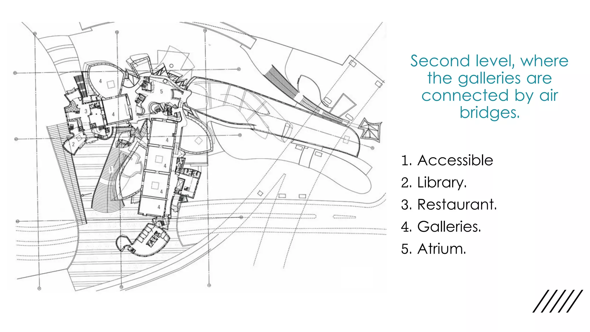 Second level, where
the galleries are
connected by air
bridges.
1. Accessible
2. Library.
3. Restaurant.
4. Galleries.
5. Atrium.
 