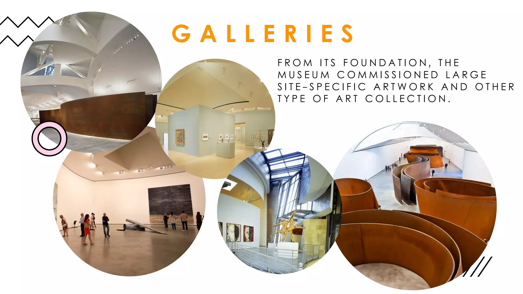 G A L L E R I E S
F R O M I T S F O U N D A T I O N , T H E
M U S E U M C O M M I S S I O N E D L A R G E
S I T E - S P E C I F I C A R T W O R K A N D O T H E R
T Y P E O F A R T C O L L E C T I O N .
 