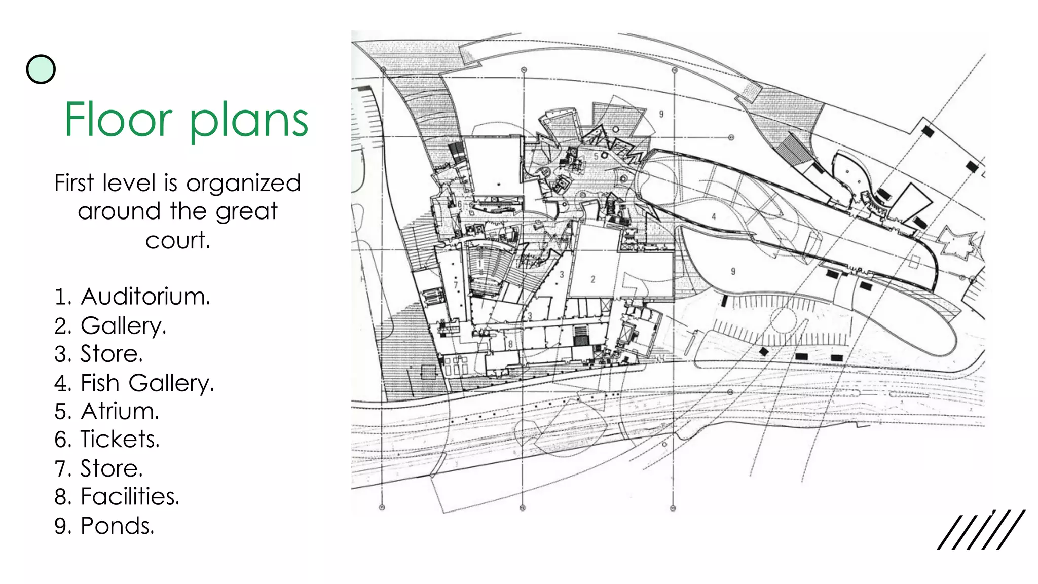 Floor plans
First level is organized
around the great
court.
1. Auditorium.
2. Gallery.
3. Store.
4. Fish Gallery.
5. Atrium.
6. Tickets.
7. Store.
8. Facilities.
9. Ponds.
 