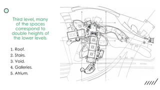 Third level, many
of the spaces
correspond to
double heights of
the lower levels.
1. Roof.
2. Stairs.
3. Void.
4. Galleries.
5. Atrium.
 