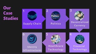 Supply Chain Politics
Decentralized
Currency
Financial
Technology
Healthcare
Technology
Identity
Infrastructures
Our
Case
Studies
1
6 5 4
32
 