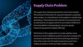 SupplyChainProblem
The supply chain industry has become much more complex.
The amount of time taken for a payment between a customer
and a vendor, or a manufacturer and a supplier is notably long
and tedious. The products once received, are extremely hard
to trace back to its supplier which in turn makes it difficult to
eliminate defects in food products, consumer goods,
industrial equipment or digital offerings.
The friction in this supply chain is a major problem since
there are a lot of middlemen and this vast chain increases the
uncertainty and stops the chain from working as desired. A
chain that is just a list of simple transactions turns into a
lengthy procedure involving a high number of steps.
 