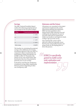 Savings                                            Outcomes and the Future
                           The ERIC National Feasibility Report               All partners are committed to the project
                           outlines the following projected annual            and intend to implement the system
                           cost savings for the four pilot Colleges.          following its piloting and refinement.
                                                                              ERIC has clear potential to drive
                            College             Annual post-project savings   improvement while reducing costs and
                                                                              enabling the development of a pool of
                            A                                     £ 31,936
                                                                              part-time staff ready for deployment
                            B                                     £ 49,871    within any locality or sub-region in which
                                                                              Colleges sign up to the service.
                            C                                     £ 12,500
                                                                              Once finalised the system will be
                            D                                     £ 50,601    able to be rolled out nationally across
                                                                              the FE sector and possibly beyond, and
                            Total savings                         £ 144,959   project leads are developing plans to
                                                                              drive this process.
                           The baseline for calculating the projected
                           savings is the additional cost of using
                           recruitment agencies in the year 2010/11,
                           compared to direct recruitment by the
                           participating Colleges through the use
                           of ERIC in 2012/13. Therefore if the                 [ERIC] is speciﬁcally
                           shared service costs remain below this
                           benchmark, they have the potential to
                                                                                geared to enable sector
                           generate year on year savings.                       wide replication and
                           It should be noted that the distribution             implementation
                           of projected savings differs significantly
                           between partners depending on their
                           use of temporary staff.




   24   | Shared services – Case studies 2012



4548_AoC_Case studies_Phase2_AW.indd 24                                                                                    2/16/12 5:18 PM
 
