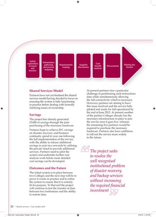Initial
                                          Information
                        exploration                                                       Cost
                                           gathering    Requirements     Supplier                                Piloting the
                         of issues                                                       beneﬁt    Procurement
                                          and process     scoping       discussions                                System
                            and                                                         analysis
                                            mapping
                          barriers




                           Shared Services Model                                At present partners face a particular
                                                                                challenge in partitioning each instructions
                           Partners have not yet finalised the shared
                                                                                data while simultaneously allowing
                           services model having decided to focus on
                                                                                the full connectivity which is necessary.
                           ensuring the system is fully functioning
                                                                                However, partners are aiming to have
                           in practice before dealing with formally
                                                                                this issue resolved and the service fully
                           clarifying issues of ownership.
                                                                                piloted and ready for full operational by
                                                                                the end of June 2012. At present another
                           Savings                                              of the partner Colleges already has the
                           The project has already generated                    necessary infrastructure in place to join
                           £5,000 of savings through the joint                  the service once it goes live, whereas
                           purchasing of the necessary hardware.                the remaining five partners would be
                                                                                required to purchase the necessary
                           Partners hope to achieve 20% savings                 hardware. Partners also have ambitions
                           on disaster recovery and business                    to roll out the service more widely
                           continuity spend in year one following               in the future.
                           the full implementation of the service,
                           with the ability to release additional
                           savings in year two onwards by utilising
                           the private cloud to provide additional
                           services. Partners need to pilot the                       The project seeks
                           system and undertake further cost
                           analysis work before more detailed
                                                                                      to resolve the
                           cost savings can be developed.                             well recognised
                           Outcomes and the Future
                                                                                      institutional problem
                           The initial system is in place between
                                                                                      of disaster recovery
                           two Colleges and the next step will be to                  and backup services
                           prove it works in practice and to refine
                           the system to ensure that it is entirely                   without increasing
                           fit for purpose. To that end the project                   the required ﬁnancial
                           will continue to test the transfer of data
                           between two institutions and the ability                   investment
                           to restore data.



   30   | Shared services – Case studies 2012



4548_AoC_Case studies_Phase2_AW.indd 30                                                                                         2/16/12 5:18 PM
 