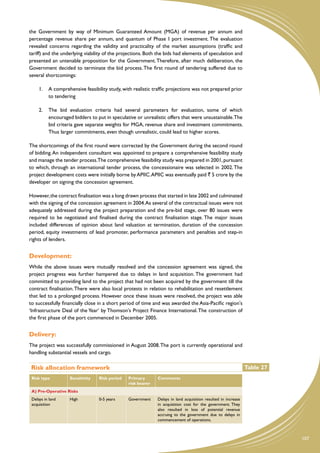 the Government by way of Minimum Guaranteed Amount (MGA) of revenue per annum and
percentage revenue share per annum, and quantum of Phase I port investment. The evaluation
revealed concerns regarding the validity and practicality of the market assumptions (traffic and
tariff) and the underlying viability of the projections. Both the bids had elements of speculation and
presented an untenable proposition for the Government. Therefore, after much deliberation, the
Government decided to terminate the bid process. The first round of tendering suffered due to
several shortcomings:

     1.	 A comprehensive feasibility study, with realistic traffic projections was not prepared prior
         to tendering

     2.	 The bid evaluation criteria had several parameters for evaluation, some of which
         encouraged bidders to put in speculative or unrealistic offers that were unsustainable.The
         bid criteria gave separate weights for MGA, revenue share and investment commitments.
         Thus larger commitments, even though unrealistic, could lead to higher scores.

The shortcomings of the first round were corrected by the Government during the second round
of bidding. An independent consultant was appointed to prepare a comprehensive feasibility study
and manage the tender process.The comprehensive feasibility study was prepared in 2001, pursuant
to which, through an international tender process, the concessionaire was selected in 2002. The
project development costs were initially borne by APIIC. APIIC was eventually paid ` 5 crore by the
developer on signing the concession agreement.

However, the contract finalisation was a long drawn process that started in late 2002 and culminated
with the signing of the concession agreement in 2004. As several of the contractual issues were not
adequately addressed during the project preparation and the pre-bid stage, over 80 issues were
required to be negotiated and finalised during the contract finalisation stage. The major issues
included differences of opinion about land valuation at termination, duration of the concession
period, equity investments of lead promoter, performance parameters and penalties and step-in
rights of lenders.


Development:
While the above issues were mutually resolved and the concession agreement was signed, the
project progress was further hampered due to delays in land acquisition. The government had
committed to providing land to the project that had not been acquired by the government till the
contract finalisation. There were also local protests in relation to rehabilitation and resettlement
that led to a prolonged process. However once these issues were resolved, the project was able
to successfully financially close in a short period of time and was awarded the Asia-Pacific region's
‘Infrastructure Deal of the Year' by Thomson's Project Finance International. The construction of
the first phase of the port commenced in December 2005.


Delivery:
The project was successfully commissioned in August 2008. The port is currently operational and
handling substantial vessels and cargo.

Risk allocation framework                                                                                      Table 27
 Risk type         Sensitivity   Risk period   Primary       Comments
                                               risk bearer
 A) Pre-Operative Risks
 Delays in land    High          0-5 years     Government    Delays in land acquisition resulted in increase
 acquisition                                                 in acquisition cost for the government. They
                                                             also resulted in loss of potential revenue
                                                             accruing to the government due to delays in
                                                             commencement of operations.



                                                                                                                          107
 