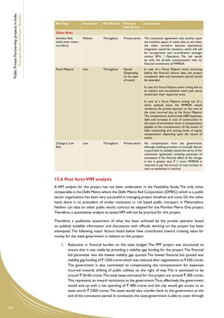 Public Private Partnership projects in India
              Compendium of Case Studies
                                                      Risk Type           Sensitivity   Risk Period   Primary          Comments
                                                                                                      Risk Bearer
                                                      Other Risks
                                                      Interface Risk      Medium        Throughout    Private sector   The concession agreement only touches upon
                                                      (with other metro                                                the interface aspect. It states that as and when
                                                      corridors)                                                       the other corridors become operational,
                                                                                                                       integration would be necessary which will call
                                                                                                                       for co-operation and co-ordination amongst
                                                                                                                       various SPVs / Operators. The risk would
                                                                                                                       be with the private concessionaire with no
                                                                                                                       financial involvement of MMRDA.
                                                      Force Majeure       Low           Throughout    Shared           In case of a Force Majeure event occurring
                                                                                                      (Depending       before the financial closure date, the project
                                                                                                      on the type      completion date and concession period would
                                                                                                      of event)        be extended.

                                                                                                                       In case of a Force Majeure event arising due to
                                                                                                                       an indirect and non-political event each party
                                                                                                                       would bear their respective costs.

                                                                                                                       In case of a Force Majeure arising out of a
                                                                                                                       direct political event the MMRDA would
                                                                                                                       reimburse the private operator to the tune of
                                                                                                                       the costs incurred due to the Force Majeure.
                                                                                                                       The compensation shall include O&M expenses,
                                                                                                                       debt and increases in cost of construction. In
                                                                                                                       the event of termination there is compensation
                                                                                                                       payable to the concessionaire till the extent of
                                                                                                                       debt outstanding and varying levels of equity
                                                                                                                       compensation depending upon the nature of
                                                                                                                       events.
                                                      Change in Law       Low           Throughout    Private sector   No compensation from the government,
                                                      Risk                                                             although enabling provision to mutually discuss
                                                                                                                       in good faith to suitably amend the terms of the
                                                                                                                       concession agreement, including extension of
                                                                                                                       concession if the financial effect of the change
                                                                                                                       in law is greater than ` 1 crore. MMRDA is
                                                                                                                       required to pay the amount of cost increase in
                                                                                                                       case no settlement is reached.


                                                     15.6 Post facto VfM analysis
                                                     A VfM analysis for the project has not been undertaken in the Feasibility Study. The only other
                                                     comparable is the Delhi Metro where the Delhi Metro Rail Corporation (DMRC), which is a public
                                                     sector organisation, has been very successful in managing project timelines and costs. On the other
                                                     hand, there is no precedent of similar institution in rail based public transport in Maharashtra.
                                                     Neither can data on other public works contract be adapted for the Mumbai Metro One project.
                                                     Therefore, a quantitative analysis to assess VfM will not be practical for this project.

                                                     Therefore, a qualitative assessment of what has been achieved by the private operator based
                                                     on publicly available information and discussions with officials working on the project has been
                                                     attempted. The following major factors listed below have contributed toward creating value for
                                                     money for the state government in relation to this project:

                                                         1.	 Reduction in financial burden on the state budget: The PPP project was structured to
                                                             ensure that it was viable by providing a viability gap funding for the project. The financial
                                                             bid parameter was the lowest viability gap quoted. The lowest financial bid quoted was
                                                             viability gap funding of ` 1250 crores which was reduced after negotiations to ` 650 crores.
                                                             The government is also committed to compensating the concessionaire for expenses
                                                             incurred towards shifting of public utilities on the right of way. This is estimated to be
                                                             around ` 50-60 crores. The total taxes estimated for the project are around ` 300 crores.
                                                             This represents an inward remittance to the government.Thus, effectively the government
                                                             would end up with a net spending of ` 400 crores and the city would get access to an
                                                             asset worth ` 2300 crores. The asset would also transfer back to the government at the
                                                             end of the concession period. In conclusion, the state government is able to cover through


118
 