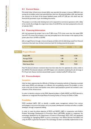 Public Private Partnership projects in India
             Compendium of Case Studies
                                                               8.3	 Current Status
                                                               M/s Jindal Urban Infrastructure limited (JUIL), was awarded the project in January 2008. JUIL was
                                                               among the six bidders which had submitted their bids from 30 potential bidders. JUIL was awarded
                                                               the contract on the basis of the lowest levelised power tariff of ` 2.83 per unit, which was the
                                                               financial bid parameter as per the bidding documents.

                                                               The project is currently under development and is expected to commence operations with a delay
                                                               of six months. Accordingly, the original start date of mid-2010 has now been postponed to the end
                                                               of calendar 2010.

                                                               8.4	 Financing Information
                                                               JUIL had estimated the project cost to be ` 200 crores, ` 25 crores more than the stated DPR
                                                               cost of ` 175 crores. The increase in cost was principally due to the increase in the capacity of the
                                                               power plant from 16 MW to 20 MW.

                                                               JUIL arranged finance through a mixture of equity and debt, with the debt being raised from financial
                                                               institutions. Axis bank was the lead consortium bank for lending towards the project.

                                                                Particulars                                                Without CDM               With CDM


                                                    Table 13   Project Details

                                                                Project IRR                                                      9.6%                   16.5%
                                                                Average DSCR                                                     1.08                    1.96
                                                                Minimum DSCR                                                     1.06                    1.21
                                                                Debt Equity Ratio                                                70:30                  70:30

                                                               Note: The financial indicators mentioned above have been taken from the application for carbon credits to
                                                               the UNFCCC.The financial indicators with CDM Support were calculated considering the sale of energy at
                                                               ` 4.75 per kwh. However the final selected bidder quoted a levelised tariff of ` 2.83 per kwh.

                                                               8.5	 Process Analysis

                                                               Inception:
                                                               India has been experiencing the difficulty of finding and assessing methods of disposing municipal
                                                               solid waste (MSW) and sewerage in an efficient and non-polluting manner. The problem is more
                                                               acute in the case of urban metropolitan areas, where rapid population growth has resulted in over
                                                               utilization of the infrastructure.

                                                               In order to identify a solution to the MSW disposal problem in Delhi, NDMC and MCD desired to
                                                               implement an Integrated Municipal Waste Processing Facility at Timarpur & Okhla in Delhi.


                                                               Feasibility:
                                                               MCD mandated IL&FS– IDC to identify a suitable waste management solution from various
                                                               technologies, to structure the project, carry out project development activities and select a suitable
                                                               developer through competitive bidding.

                                                               In order to meet the above objective of MCD and NDMC, IL&FS, in cooperation with Andhra
                                                               Pradesh Technology Development & Promotion Board (APTDPB), decided to implement the
                                                               technology developed by the Department of Science & Technology (DST). DST had developed
                                                               a technology for segregating MSW at source, converting it into Refuse Derived Fuel (RDF) and
                                                               using the RDF to generate fuel power. The technology has been successfully implemented at two


60
 