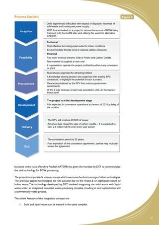 Process Analysis                                                                                            Figure 4

                              Delhi experienced difficulties with respect of disposal // treatment of
                              Delhi experienced difficulties with respect of disposal treatment of
                              solid waste and inadequate power supply.
                              solid waste and inadequate power supply.
     Inception                MCD thus embarked on a project to reduce the amount of MSW being
                              MCD thus embarked on a project to reduce the amount of MSW being
      Inception               disposed in to the landfill sites and utilising the waste for alternative
                              disposed in to the landfill sites and utilising the waste for alternative
                              purposes.
                              purposes.

                              Technical
                              Technical
                              Cost effective technology best suited to Indian conditions
                              Cost effective technology best suited to Indian conditions
                              Environmentally friendly since it reduces carbon emissions
                              Environmentally friendly since it reduces carbon emissions
                              Financial
                              Financial
    Feasibility
    Feasibility               Two main revenue streams: Sale of Power and Carbon Credits
                              Two main revenue streams: Sale of Power and Carbon Credits
                              Raw material is supplied at zero cost.
                               Raw material is supplied at zero cost.
                              It is possible to operate the project profitability without any concession
                               It is possible to operate the project profitability without any concession
                              or grant
                               or grant
                              Road shows organised for attracting bidders
                               Road shows organised for attracting bidders
                              A knowledge sharing session was organised with leading EPC
                               A knowledge sharing session was organised with leading EPC
                              contractors, to highlight the potential of such a project.
                               contractors, to highlight the potential of such a project.
   Procurement
   Procurement                Clearances obtained by the SPV from various government
                               Clearances obtained by the SPV from various government
                              departments
                               departments
                              Of the 6 bids received, project was awarded to JUIL on the basis of
                               Of the 6 bids received, project was awarded to JUIL on the basis of
                              lowest tariff.
                               lowest tariff.


                              The project is at the development stage
                               The project is at the development stage
   Development                It is expected to commence operations at the end of 2010,a delay of
                               It is expected to commence operations at the end of 2010,a delay of
   Development
                              six months.
                               six months.




                               The SPV will produce 20 MW of power
                               The SPV will produce 20 MW of power
                               Advance deal closed for sale of carbon credits – It is expected to
                               Advance deal closed for sale of carbon credits – It is expected to
      Delivery
      Delivery                 earn 2.6 million CERs over a ten-year period
                               earn 2.6 million CERs over a ten-year period




                               The concession period is 25 years.
                                The concession period is 25 years.
                               Post expiration of the concession agreement, parties may mutually
                                Post expiration of the concession agreement, parties may mutually
         Exit
         Exit                  renew the agreement
                                renew the agreement




locations in the state of Andhra Pradesh. APTDPB was given the mandate by DST to commercialize
the said technology for MSW processing.

The project incorporated a unique concept which overcame the shortcomings of other technologies.
The previous applied technologies did not succeed due to the mixed & un-segregated nature of
Indian waste. The technology developed by DST involved integrating the solid waste with liquid
waste under an integrated municipal waste-processing complex, resulting in cost optimization and
a commercially viable project.

The salient features of the integration concept are:

    1.	 Solid and liquid waste can be treated in the same complex.



                                                                                                                       61
 