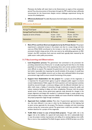 Public Private Partnership projects in India
             Compendium of Case Studies
                                                                      Moreover, the facility will revert back to the Government on expiry of the concession
                                                                      period. Thus, the procurement of the project through this PPP model has been sufficiently
                                                                      remunerative for the Government despite various challenges experienced during the
                                                                      course of its development.

                                                                  2.	 Efficiencies Achieved: The table 20 presents the brief analysis of some of the efficiencies
                                                                      achieved:
                                                    Table 20   Efficiencies Achieved
                                                               Particulars                                  Earlier                     Now
                                                               Average Travel Speed                         25.65Km/Hr                  66 Km/Hr
                                                               Average Travel Time from Delhi to Gurgaon 65 Minutes                     25 minutes
                                                               Capacity (in terms of lanes)                 6 Lane – 5 km-              8 Lane - 22.3 Km
                                                                                                            4 Lane - 22.7 Km            6 Lane - 5.4 km
                                                               Intersections                                20 Intersections            10 Grade Separated
                                                                                                                                        Intersections

                                                                  3.	 Risk of Time and Cost Overruns largely borne by the Private Sector: The project
                                                                      experienced a substantial increase in the project cost due to a scope change and time
                                                                      overruns. While NHAI contributed to the increase in cost due to a scope change, the
                                                                      promoters funded a large portion of the cost overrun by withholding payments to DSC
                                                                      Limited –the EPC contractor. Such overruns would have typically been retained by the
                                                                      public sector under public procurement.

                                                               11.7	Key Learning and Observations
                                                                  1.	 Land Acquisition process: The government had committed to the promoters for
                                                                      providing substantial area of land, prior to actually acquiring the land. Due to the thickly
                                                                      populated surrounding areas of the expressway, there were certain pockets of land that
                                                                      were difficult to acquire. This exposed the government to the risk of not providing the
                                                                      land within reasonable time impacting the overall schedule of the project. It would have
                                                                      been better if uncontrollable concerns such as these were addressed before the project
                                                                      procurement stage itself to ensure smooth functioning of the project.

                                                                  2.	 Support from Stakeholders for the project: For a project of this magnitude, it
                                                                      is important for the government agency to garner adequate public support to ensure
                                                                      smooth implementation. Public support for land acquisition and road expansion activities
                                                                      should be ensured through a continuous dialogue with the affected individuals. Such an
                                                                      effort shall create a feeling of ownership through involvement among the public and
                                                                      reduce resistance leading to delays and other complexities. Moreover with the project
                                                                      spread across 2 states, various government agencies made demands for changes in the
                                                                      project alignment and design that resulted in a substantial change in scope, project cost
                                                                      and consequent delay in project execution. Ideally, such issues should be resolved during
                                                                      the project preparation stage through consultation.

                                                                  3.	 Approvals from multiple entities: More than 15 government agencies/civic bodies
                                                                      etc., that were affected in one way or other by the development of this highway, had
                                                                      to grant various approvals for the project. This became a complex and time consuming
                                                                      process during the construction period. The government could have provided a single
                                                                      window clearance for a project of this magnitude.

                                                                  4.	 Traffic Risk is lower in case of brown-field projects: Though traffic risk is the
                                                                      biggest risk to the viability of a typical toll road project, the risk is substantially lower
                                                                      in case the project involves improvement and tolling of an existing highway since traffic
                                                                      flow is more or less established. The Delhi Gurgaon section of NH-8 has been one of the



88
 