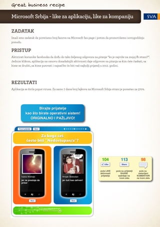 Great business recipe

Microsoft Srbija - like za aplikaciju, like za kompaniju

ZADATAK
Imali smo zadatak da povećamo broj fanova na Microsoft fan page i potom da promovišemo novogodišnju
ponudu.

PRISTUP
Aktivirati korisnike facebooka da dođu do tako željenog odgovora na pitanje “ko je najviše na mojoj fb strani?”.
Jednim klikom, aplikacija na osnovu dosadašnjih aktivnosti daje odgovore na pitanja sa kim ćete ćaskati, sa
kime se družiti, sa kime putovati i najzad ko će biti vaš najbolji prijatelj u 2012. godini.




REZULTATI
Aplikacija se širila poput virusa. Za samo 7 dana broj lajkova na Microsoft Srbija strani je porastao za 370%.
 