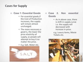  Case 1: Essential Goods
• For essential goods,if
the Cost of Production
increases, the supply
will remain almost
unchanged.
• The more necessary a
good is, the lower the
price elasticity of
supply, as people will
attempt to buy it no
matter the price.
• E.g. Salt, Water etc.
 Case 2. Non essential
Goods
• As in above case, there
is shift in supply curve
i.e. the supply will
decreased with
increase in price.
e.g. Luxury items, Movie
Tickets etc.
 