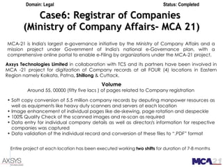 Case6: Registrar of Companies  (Ministry of Company Affairs- MCA 21) MCA-21 is India's largest e-governance initiative by the Ministry of Company Affairs and a mission project under Government of India's national e-Governance plan, with a comprehensive online portal to enable e-Filing by organizations under the MCA-21 project.   Axsys Technologies Limited  in collaboration with TCS and its partners have been involved in MCA -21 project for digitization of Company records at all FOUR (4) locations in Eastern Region namely Kolkata, Patna , Shillong  & Cuttack.   Volume Around 55, 00000 (fifty five lacs ) of pages related to Company registration  Soft copy conversion of 5.5 million company records by deputing manpower resources as well as equipments like heavy duty scanners and servers at each location Image enhancement of individual pages like de-skewing, page rotation and despeckle 100% Quality Check of the scanned images and re-scan as required Data entry for individual company details as well as director/s information for respective companies was captured Data validation of the individual record and conversion of these files to “.PDF” format Entire project at each location has been executed working  two shifts  for duration of 7-8 months   Domain: Legal Status: Completed 